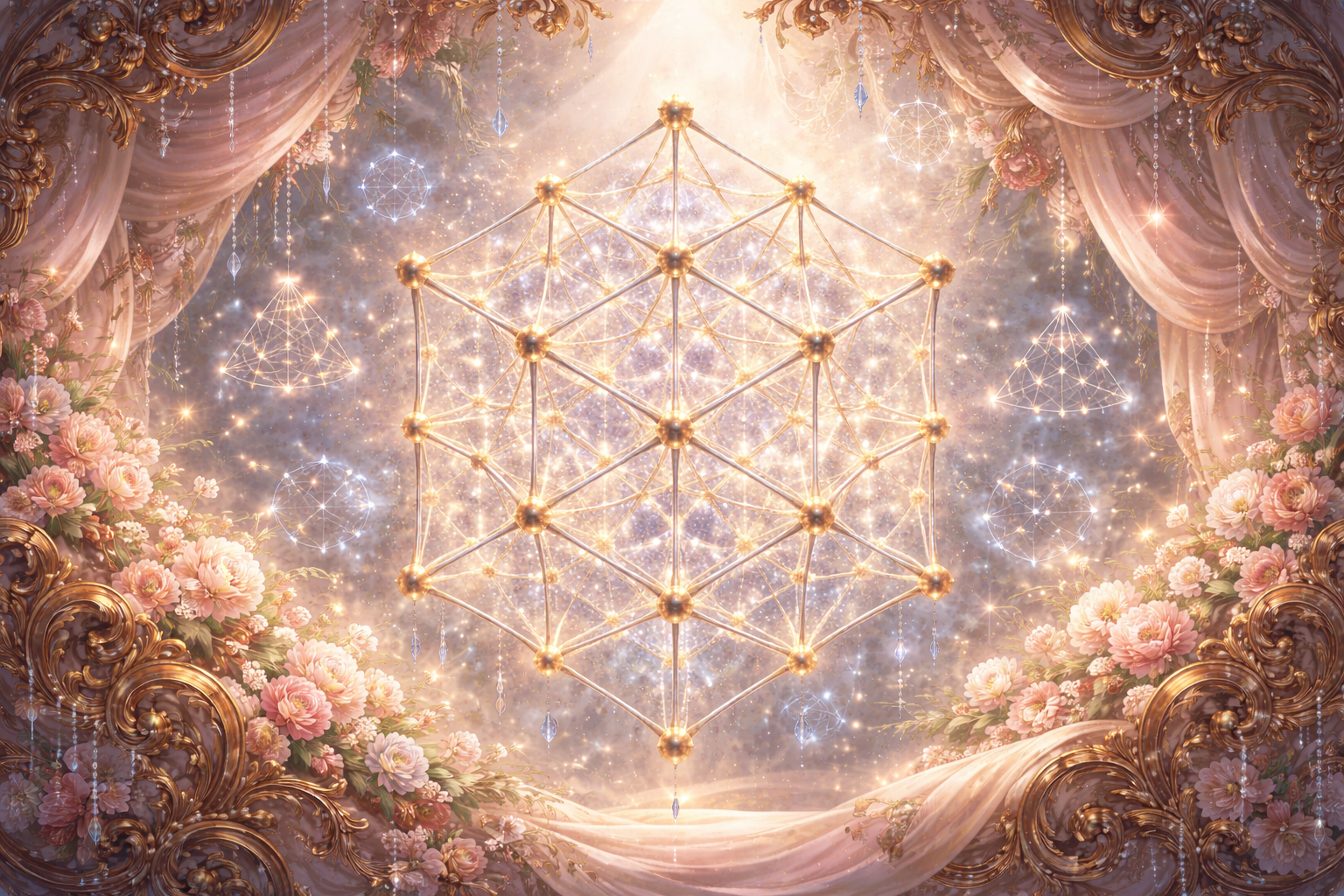 A rococo scene of gilded scrollwork, draped silk and pink roses framing a luminous lattice of golden points and edges, drawn as a cube of nested cells against a field of stars.